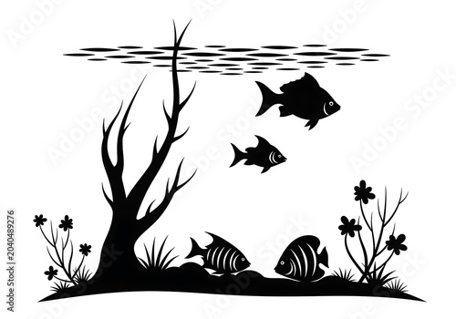 Fish Swimming Underwater Near Dead Tree Silhouette