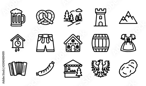 Cuadro en lienzo Bavarian Icons Set: Beer Mug, Pretzel, Mountains, Castle, Cuckoo Clock, Lederhos