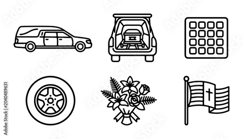 Konstfotografi Funeral Icons: Hearse, Coffin, Flowers, Flag, Tire, Grid - Mourning Symbols