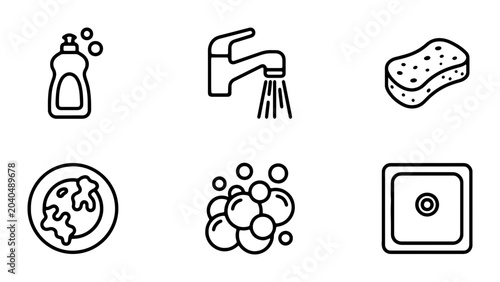 Cleaning Icons Set: Dish Soap, Faucet, Sponge, Dirty Plate, Bubbles, Sink