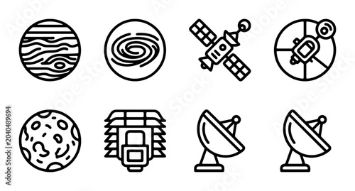 Space Icons Set: Planets, Galaxy, Satellite, Radar, Moon, Weather Station, Antennas