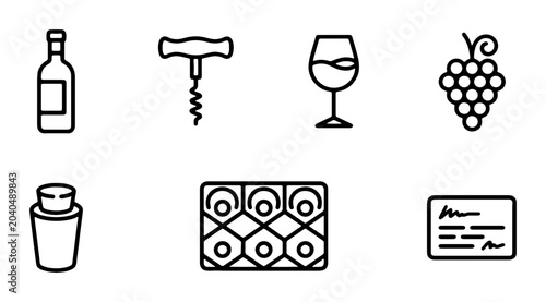 Bild auf Leinwand Wine Icons Set: Bottle, Corkscrew, Glass, Grapes, Stopper, Rack, Card