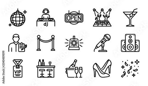 Foto Nightclub Icons Set, Party Vector Graphics, Entertainment Symbols, Disco Ball, V