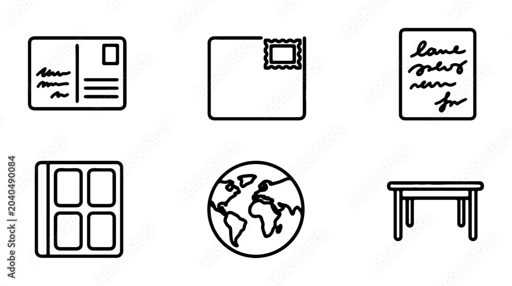 Obraz premium Postcard, Envelope, Handwritten Letter, Photo Album, Globe, Table Icons: Communication & Travel Set