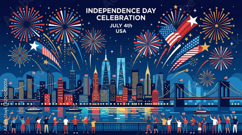 Foto Independence day celebration on july 4th with fireworks over city skyline at nig