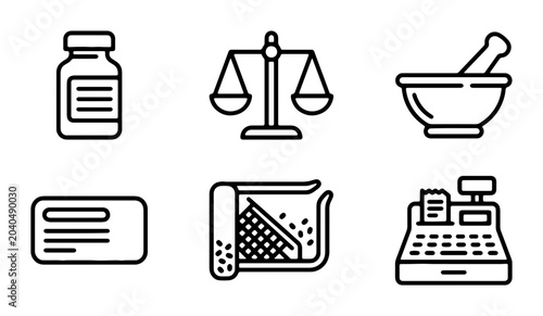 Foto Pharmacy Icons Set: Medicine Bottle, Scales, Mortar Pestle, Cash Register, Pill