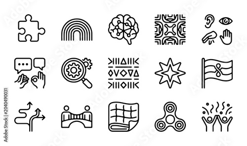 Foto Diversity and Inclusion Icons Set: Brain, Puzzle, Rainbow, Bridge, Sensory Eleme