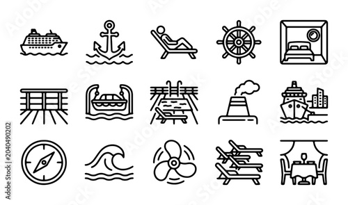 Принти на полотні Cruise Ship Icons, Nautical Travel Vector Set: Ocean Liner, Anchor, Deck Chair,