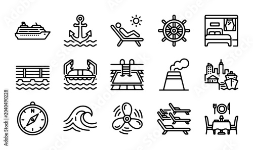 Fotografija Cruise Ship Icons Set: Nautical, Travel, Leisure, and Destination Vector Graphic
