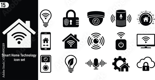 Smart home technology icon set collection of vector icons for home automation, smart devices, security, and internet of things connectivity