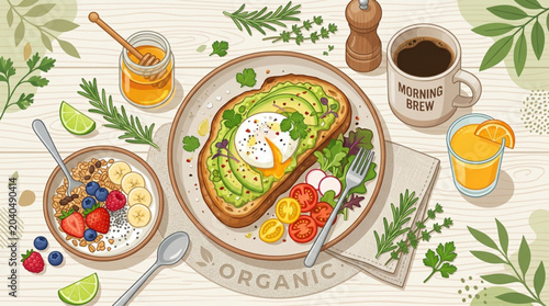 Fotografi Delicious organic breakfast with avocado toast fresh fruits and coffee on a wood