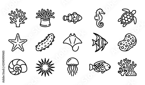 Ocean Life Icons: Sea Creatures, Coral, and Marine Animals Vector Set