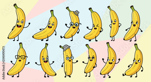 Foto Funny banana cartoon character set, 12 cute fruit mascot stickers with expressiv