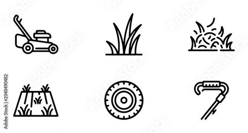 Gardening Icons Set: Lawn Mower, Grass, Clippings, Turf, Wheel, Carabiner