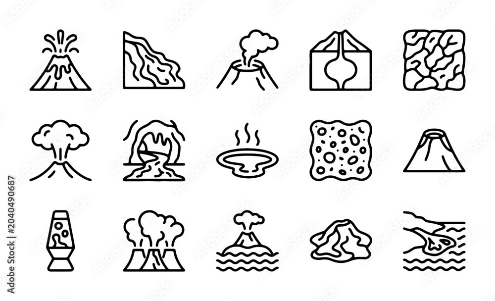 Fototapeta premium Volcano Icons Set, Geological Event Graphics, Earth Science Vector Collection