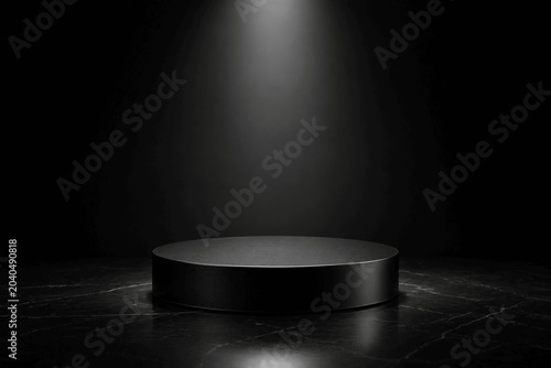 Luxury Black Podium on Dark Reflective Surface with Dramatic Spotlight