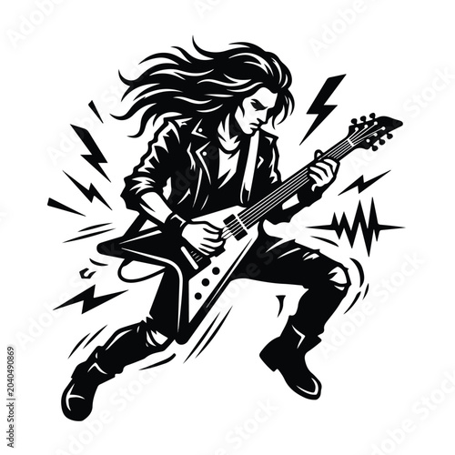 Dynamic illustration of a rock musician energetically playing an electric guitar with long flowing hair and a leather jacket, conveying a powerful, rebellious attitude
