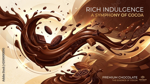 Photos Rich chocolate wave with cocoa beans and chocolate bars on a beige background