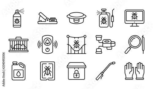 Photos Pest Control Icons Set: Insecticide Spray, Traps, Bait Stations, Monitor, Gloves