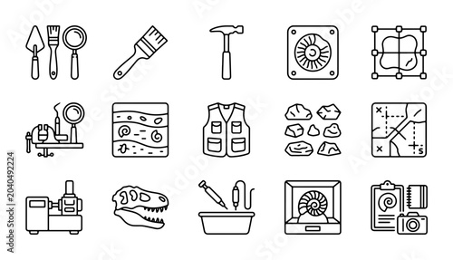 Bild auf Leinwand Paleontology Icons Set: Fossil Dig Tools, Dinosaur Skeleton, Rocks, Maps, Vest