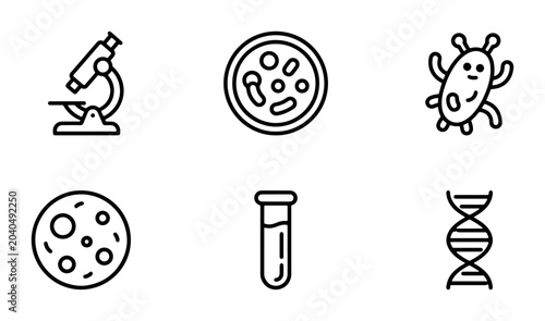 Foto Microbiology Icons Set: Microscope, Bacteria, DNA, Petri Dish, Test Tube, Scienc