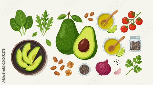 Canvastavla Avocado and healthy food ingredients including nuts seeds and fresh vegetables a
