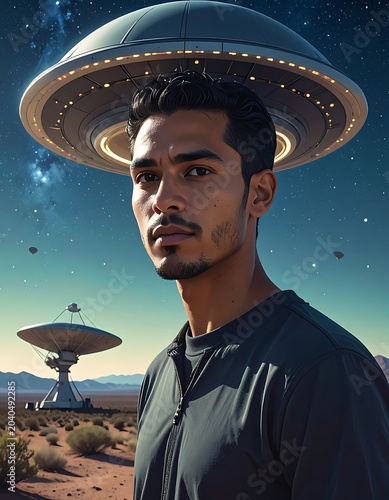 A man standing in a desert landscape with UFOs