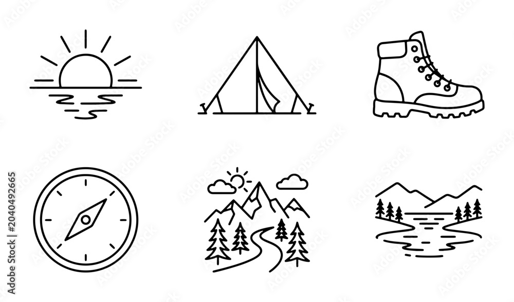 Fototapeta premium Outdoor Adventure Icons: Sun, Tent, Boot, Compass, Mountains, Lake, Vector Set