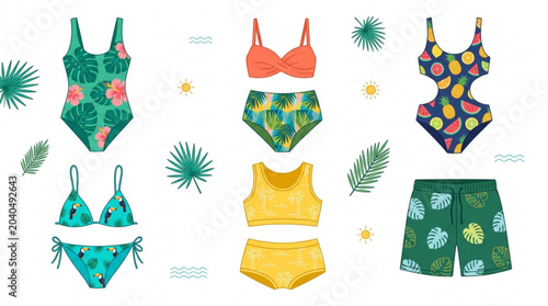 Bild auf Leinwand Vibrant tropical swimsuit collection with floral and fruit patterns on colorful