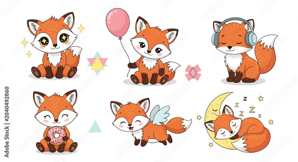 Obraz premium Cute cartoon fox set with various poses and accessories