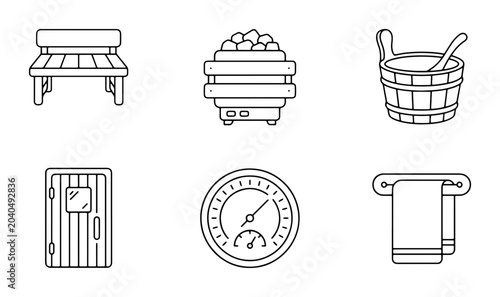 Tablou pe pânză Sauna Icons Set, Relaxation and Wellness Vector Graphics, Steam Bath Equipment C