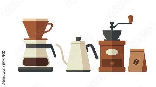 Pour Over Coffee Maker, Kettle, Grinder, and Beans - Flat Design Illustration
