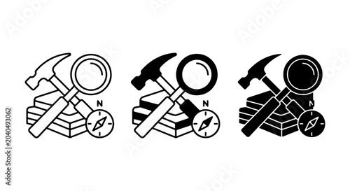 Fotografía Geology Icons Set: Hammer, Magnifying Glass, Compass, Rock Layers