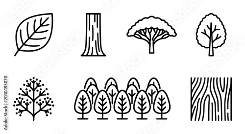 Tableau sur toile Vector Tree Icons, Forest Elements, Leaf and Wood Grain Graphics for Nature Desi