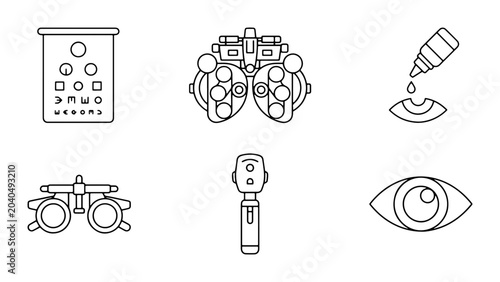 Ophthalmology Icons Set, Eye Care Equipment, Vision Test Chart, Optometry Tools Vector