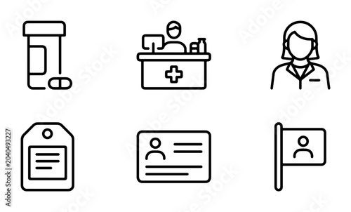 Pharmacy Icons Set: Pill Bottle, Pharmacist, ID Card, Tag, Flag, Medical Counter