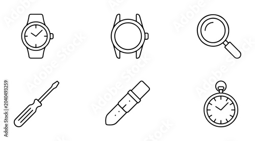 Watch Repair Icons Set, Timepiece Tools Vector Graphics, Clock Maintenance Symbols Collection