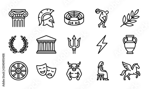 Foto Ancient Greek Icons Set: Mythology, History, Architecture, Culture Vector Graphi