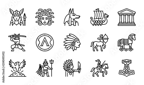 Konstfotografi Mythological Figures and Symbols Vector Icons: Gods, Warriors, Creatures, Ancien