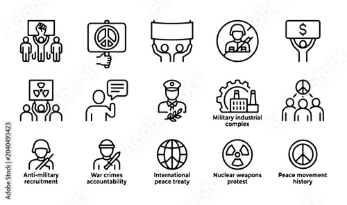 Bild auf Leinwand Peace and Anti-War Icons: Protest, Military, Nuclear, and Diplomacy Symbols Set