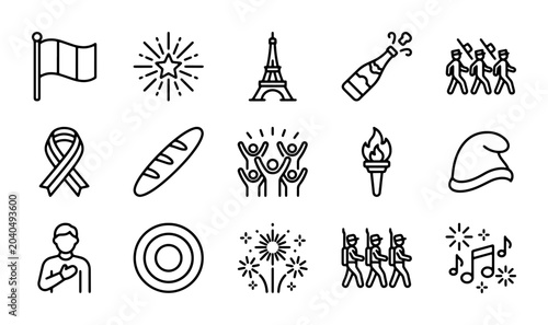 French Icons Set: Eiffel Tower, Flag, Baguette, Celebration, Bastille Day, National Symbols Vector