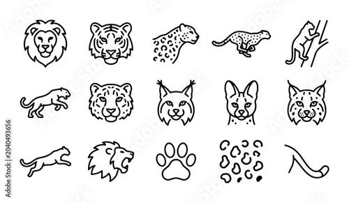 Canvas Print Wild Cat Icons Set: Lion, Tiger, Leopard, Cheetah, Lynx, Jaguar, Puma, Panther,
