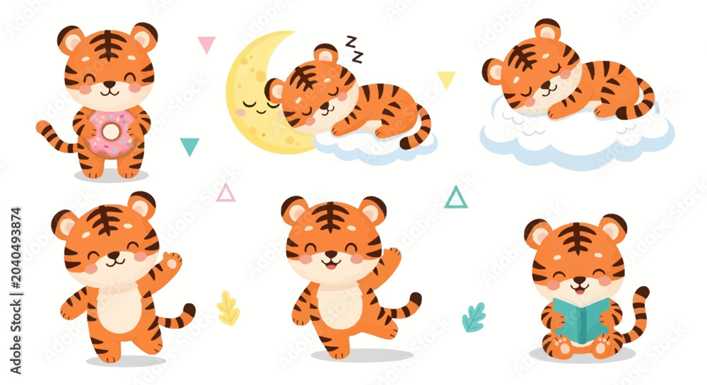 Fototapeta premium Cute Little Tiger Character Set Posing in Various Activities