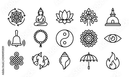 Konstfotografi Buddhist Symbols Vector Icons, Spiritual Icons, Meditation & Enlightenment Icons