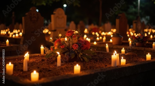 Many glowing candles lit on graves in a cemetery at night