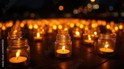 Many small burning candles in glass jars at night with a soft glowing bokeh background