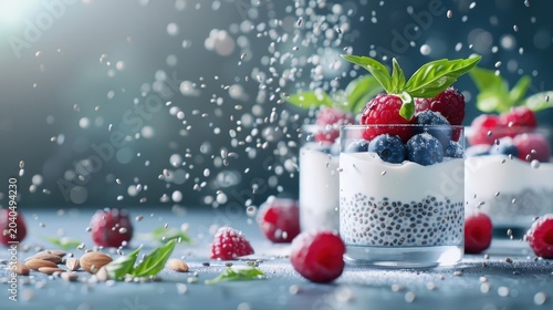 A photorealistic image of chia seed pudding with basil seeds.