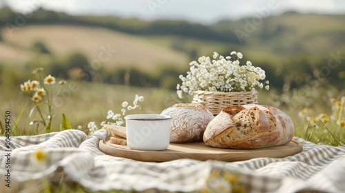 A picturesque countryside picnic scene with a classic blanket, where homemade vinegar dipping sauce enhances a selection of artisanal breads and cheeses.