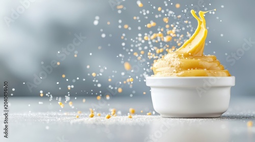Artistic splash of Dijon mustard on a clean surface, highlighting its creamy texture and yellow color.