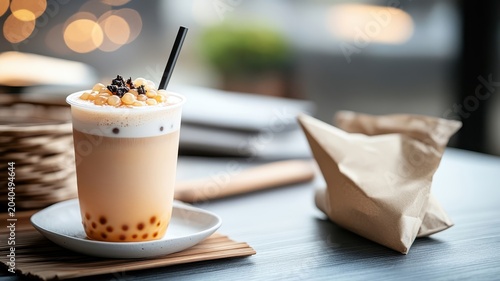 High-resolution shot of bubble tea on a pale plate, with creamy drink and pearls contrasting against a soft plate.